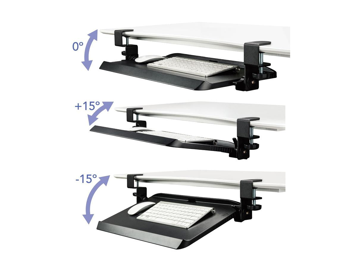 Easy to mount on any work surface. No need to use tools or permanently install. Metal clamp fits onto desks up to 1 5/8. Tray tilts to a comfortable a
