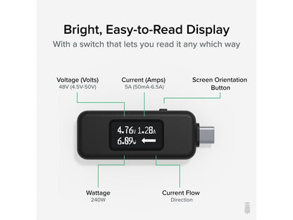 Plugable USB C Power Meter Tester for Monitoring USB-C Connections up to 240W Digital Multimeter Tester for USB-C Cables, Laptops, Phones, Chargers -